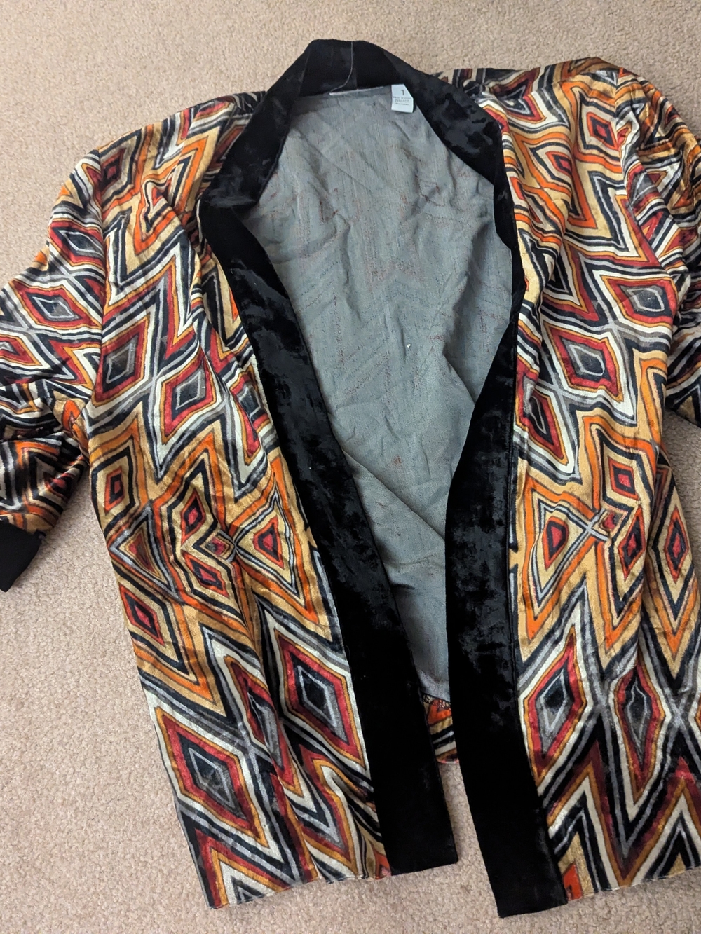 Vintage Multicolor Geometric Velvet Open-Front Jacket